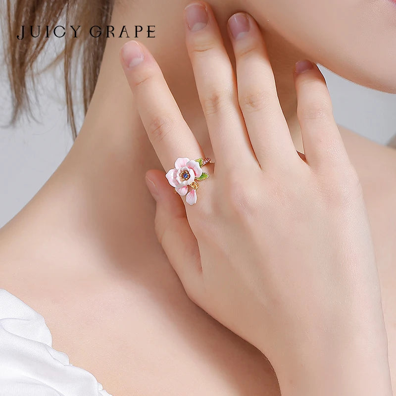 JUICY GRAPE Rose Flower Ring for Women Exquisite French-Style Adjustable Ring with Unique Design and Pink Flower Trendy 2023