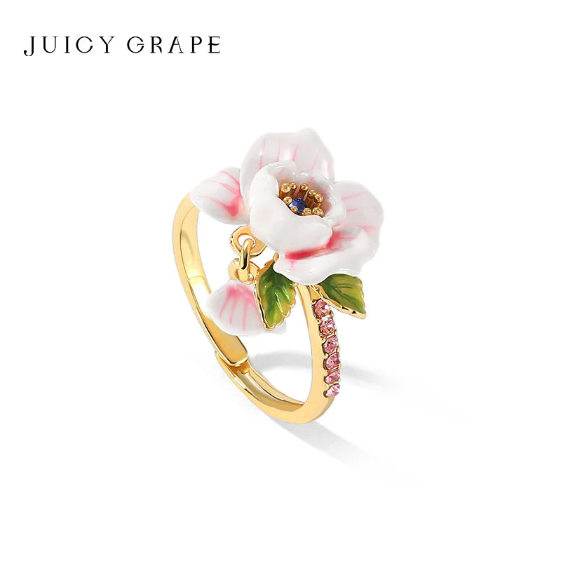 JUICY GRAPE Rose Flower Ring for Women Exquisite French-Style Adjustable Ring with Unique Design and Pink Flower Trendy 2023