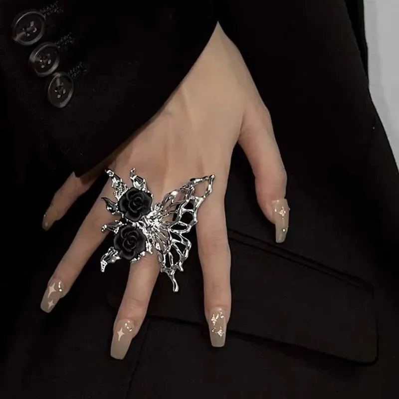 Vintage Punk Metal Black Rose Liquid Butterfly Opening Ring for Women Exaggerated Adjustable Animal Ring Aesthetic Jewelry