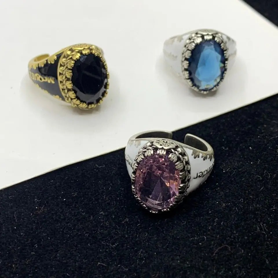 New black diamond Pink diamond Blue diamond geometric enamel ring women's print irregular letter opening ring