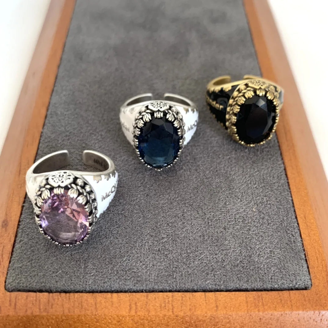New black diamond Pink diamond Blue diamond geometric enamel ring women's print irregular letter opening ring